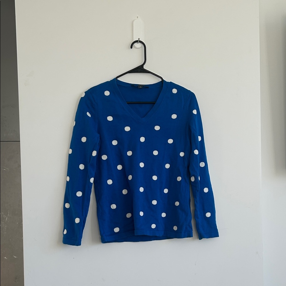 Preppy Blue Polka Dot Long Sleeve V-Neck Sweater Size Small